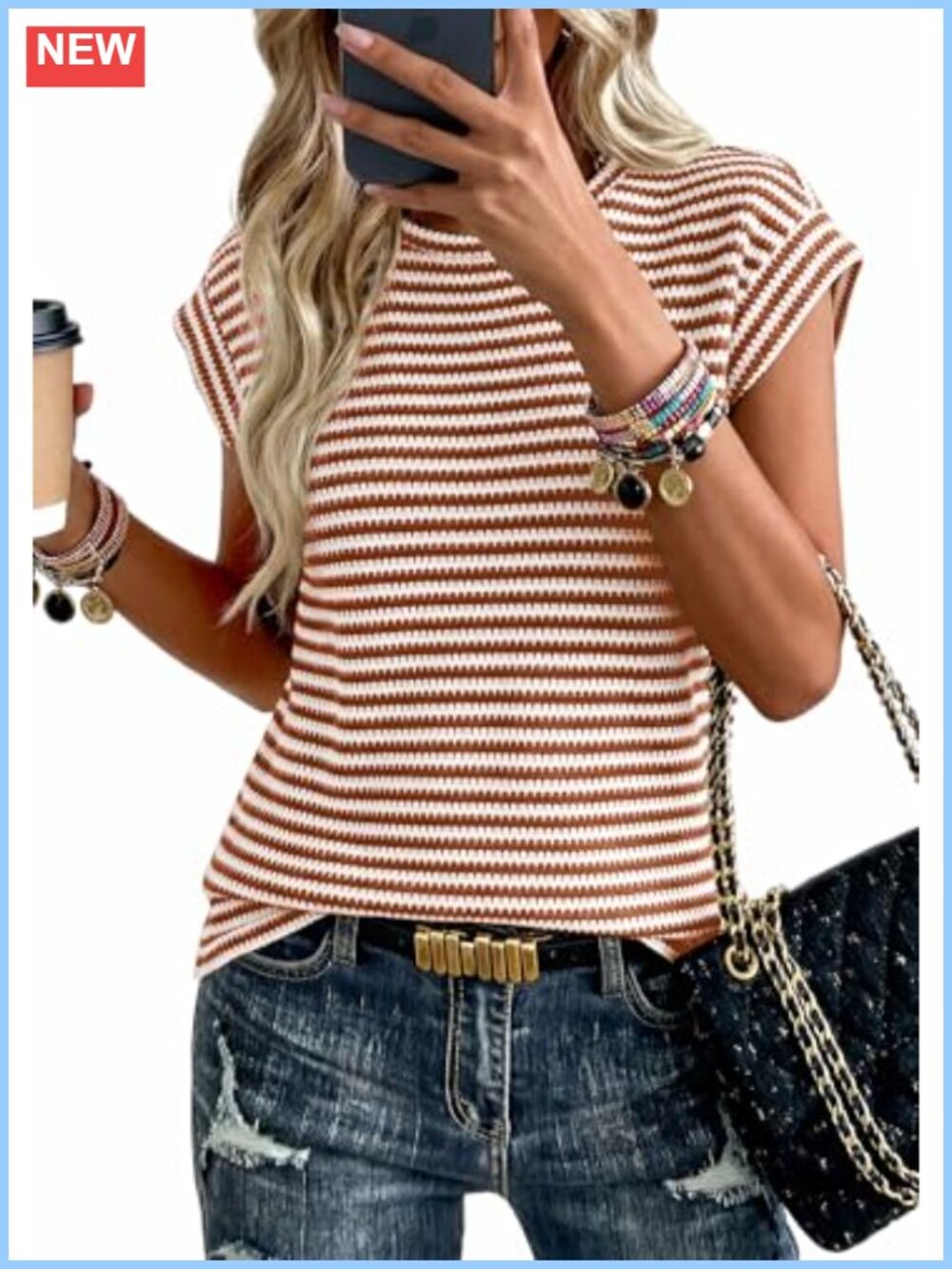 Striped Knit Vest Top Crew Neck Cap Sleeve Casual Summer Tank